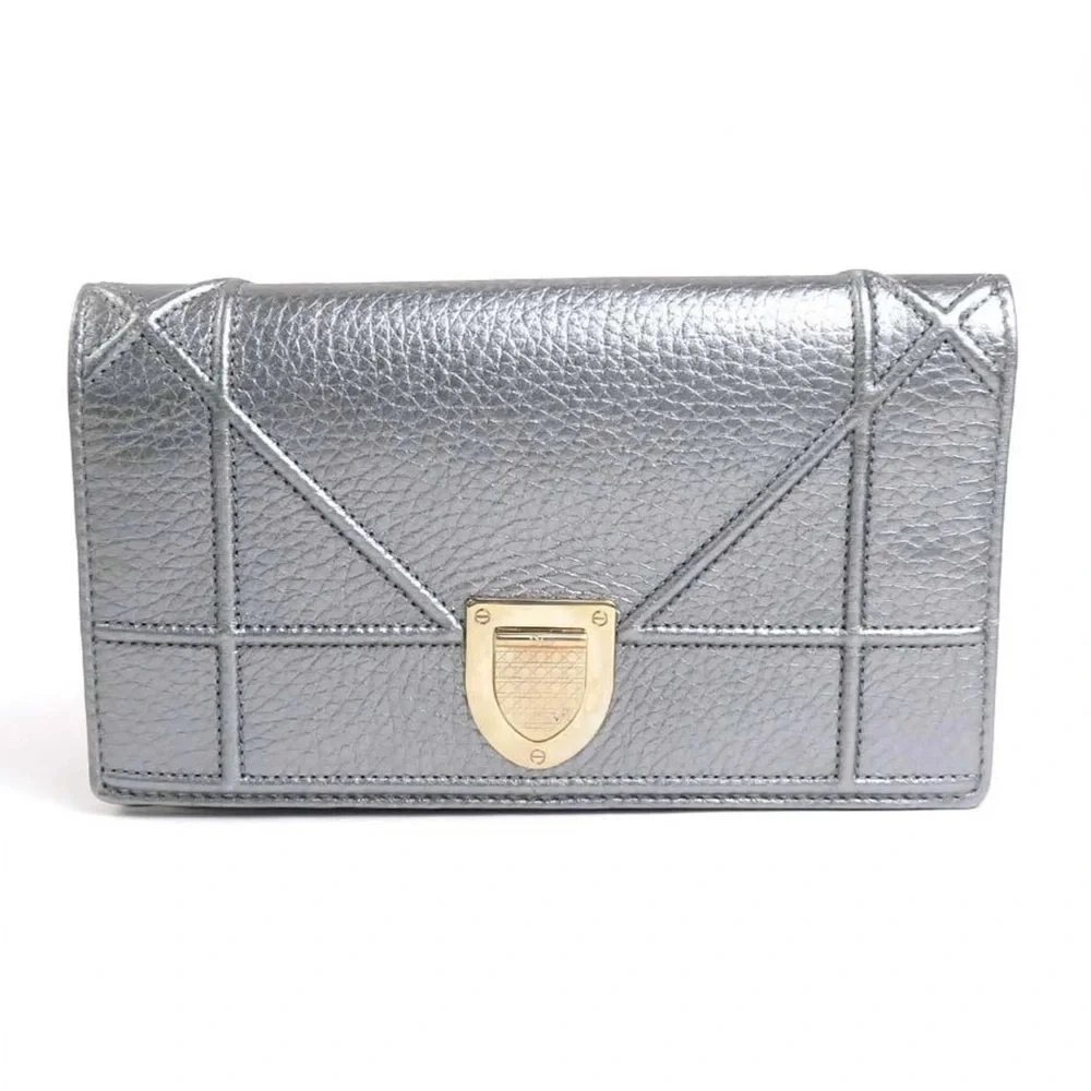 Christian Dior Diorama Long Wallet on Chain Clutch Metallic Silver